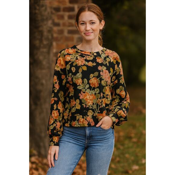 Loft SZ M Floral Puff Sleeve Sweatshirt Black - Picture 1 of 7
